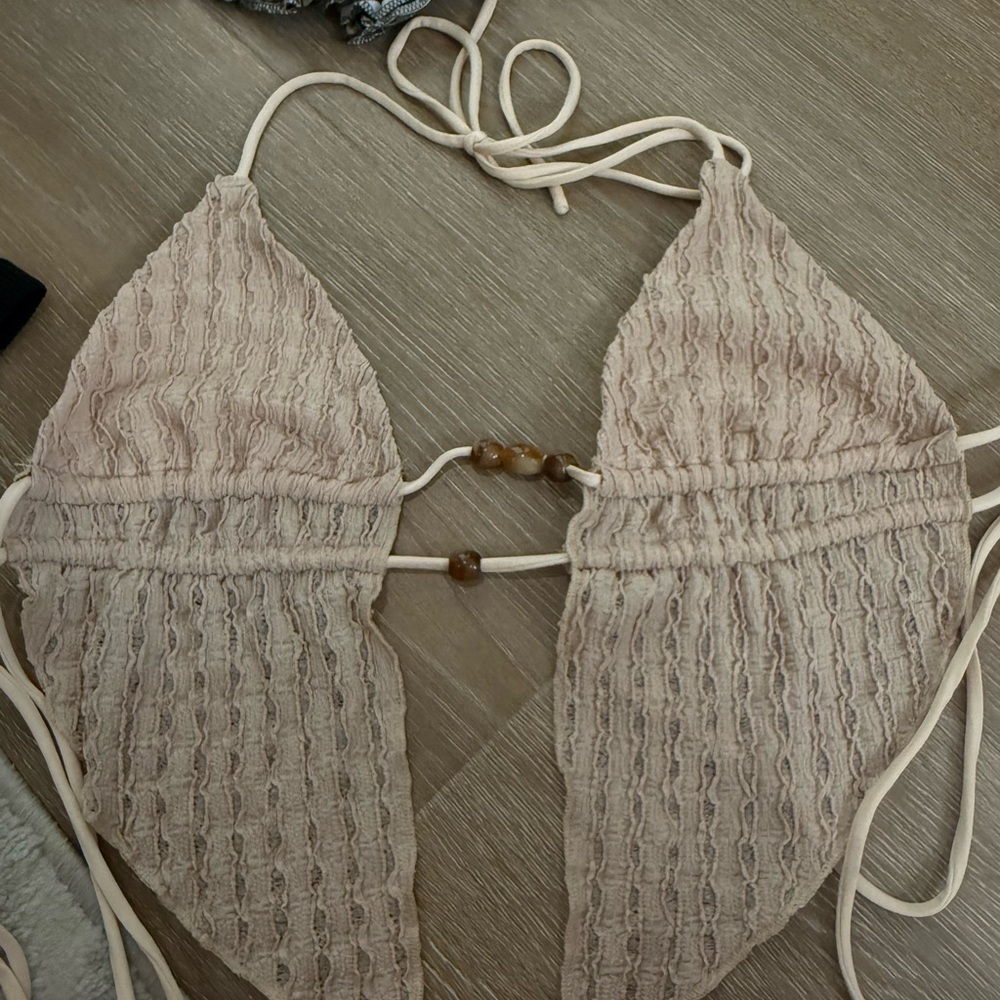 Beige Textured Bikini Top